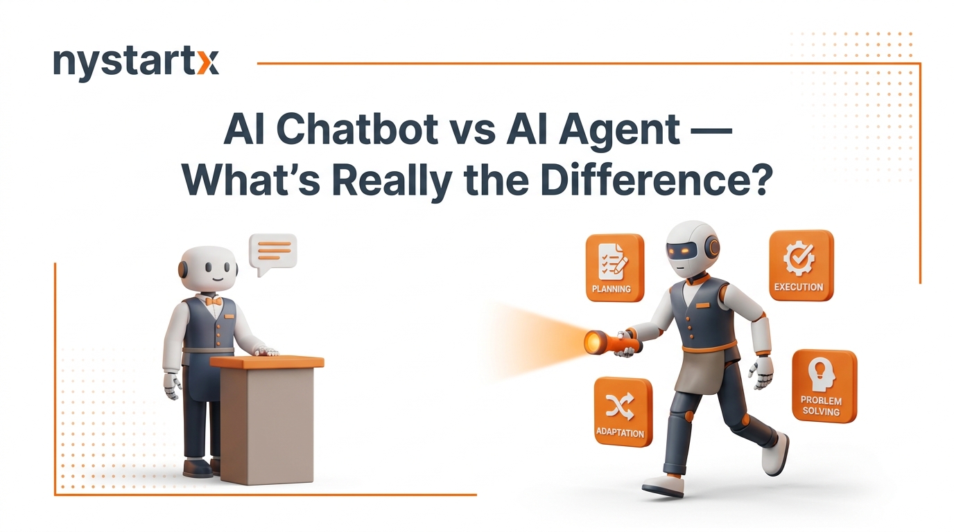 AI Chatbot vs AI Agent comparison diagram with restaurant waiter analogy